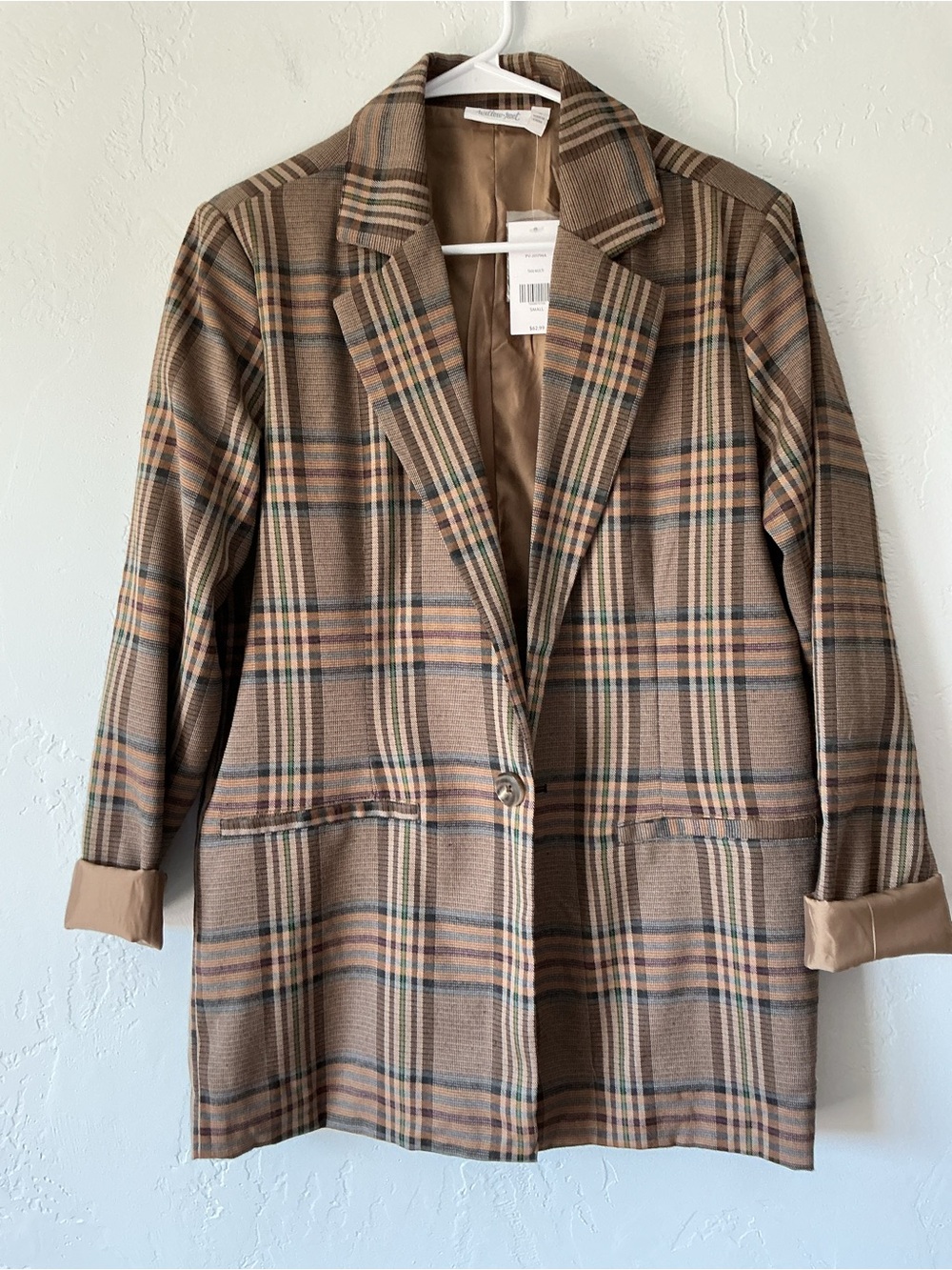 NWT willow & root Tan Multi Plaid Longline Blazer Jacket